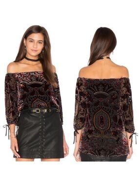 Alice + Olivia | Velvet Floral Burnout Black Off Shoulder Blouse Small
